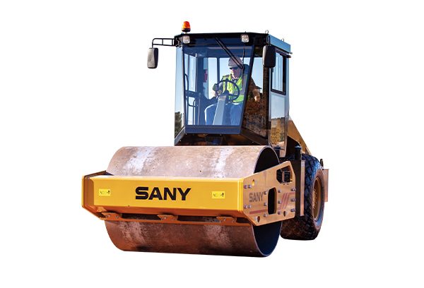 Blog SANY road roller with operator, used for soil compaction in civil construction projects.