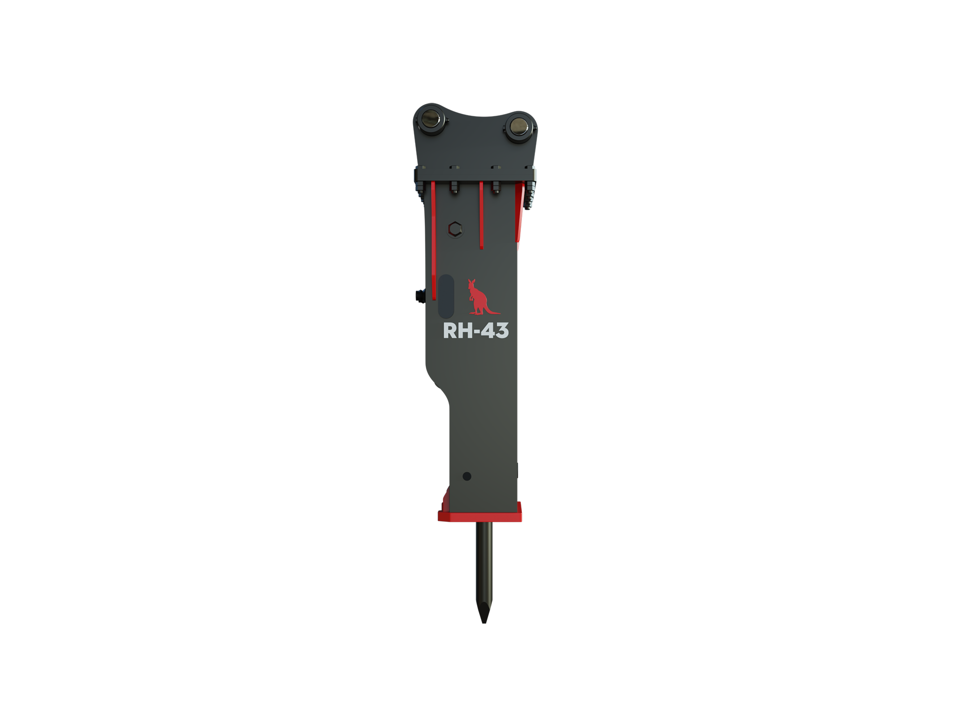 Heavy-duty RH-43 hydraulic breaker attachment in black and red, designed for tough excavation work